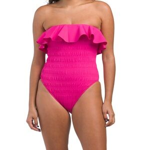 Cleobella ruffled one piece strapless swimsuit.